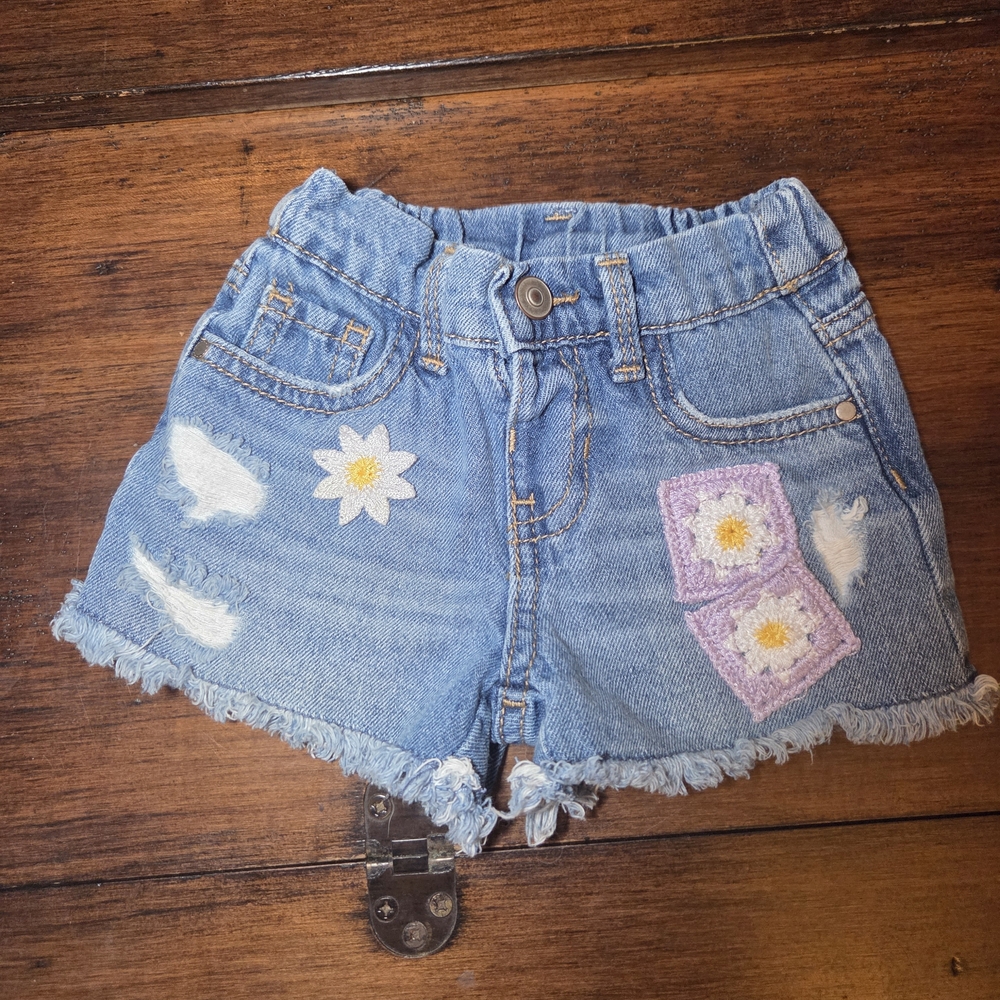 Wonder Nation Blue Denim Shorts with Floral Accents